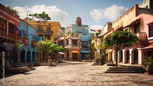 Lively Latin American plaza with colorful buildings, street vendors, and a central fountain, photo