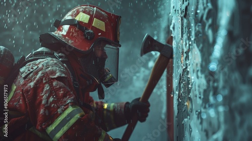 A firefighter wielding an axe to breach a door during a rescue operation, demonstrating strength and skill.