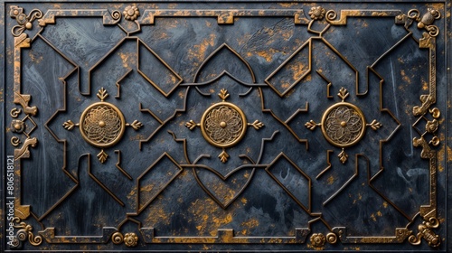 An aged metal gate displays detailed craftsmanship through its ornate patterns, patina, and weathering