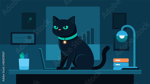 A sleek black cat with a glowing fitness tracker on her collar lazily sitting on her owners desk while he works.. Vector illustration