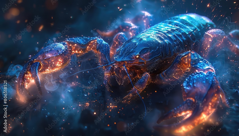 An illustration of a glowing blue and orange scorpion with smoke and fire surrounding it. An illustration of a glowing blue and orange scorpion with smoke and fire surrounding it.