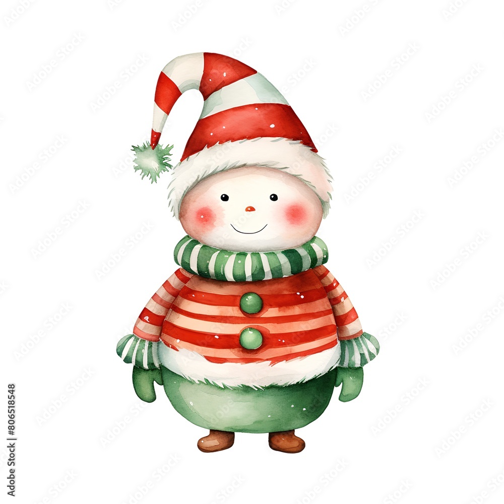 Fototapeta premium Watercolor Christmas snowman. Hand drawn illustration isolated on white background