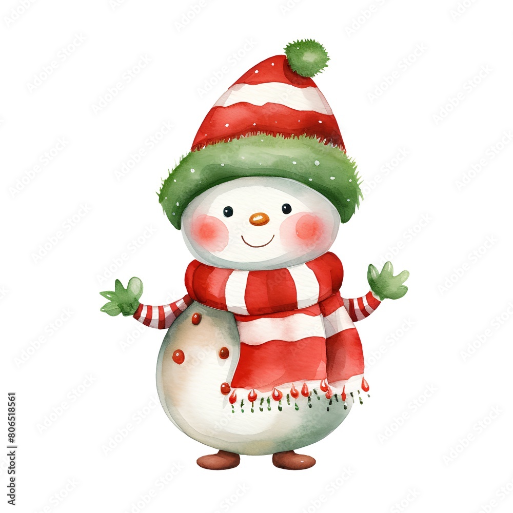Watercolor cute snowman in red hat and scarf isolated on white background