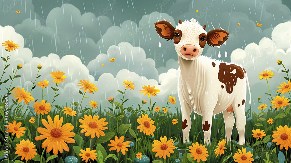 illustration of a cow in the rain flat style illustration of a cow in the rain flat style