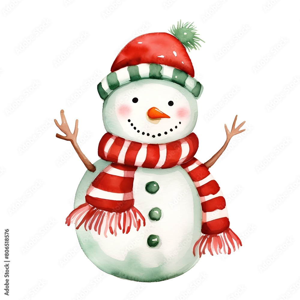 Watercolor snowman with scarf and hat isolated on white background.