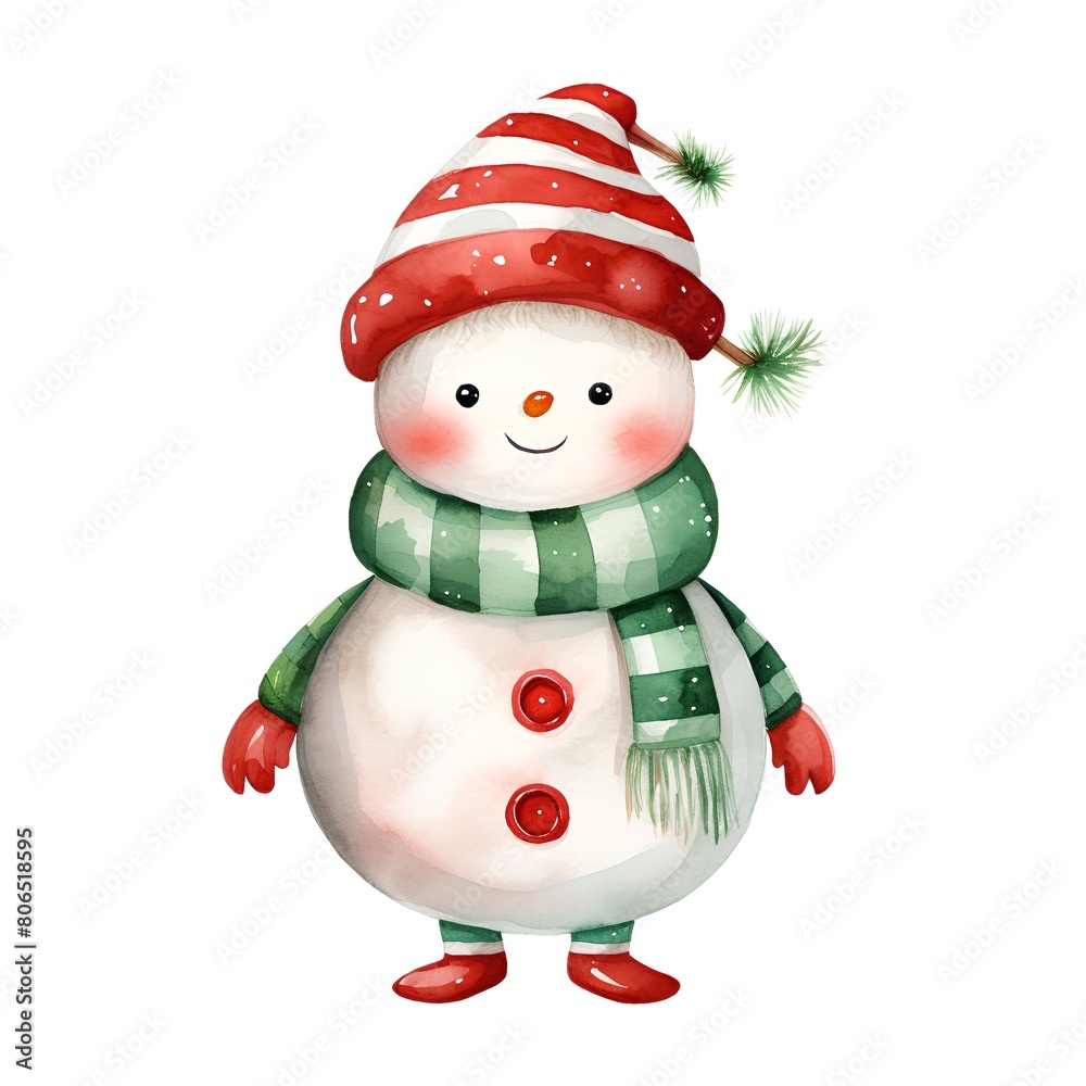 Fototapeta premium Watercolor snowman in red hat, scarf and scarf isolated on white background.