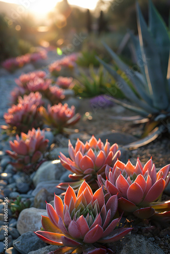 Sunset light on drought tolerant garden