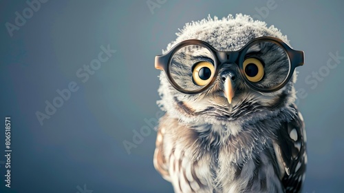 Owl with glasses on gray background.