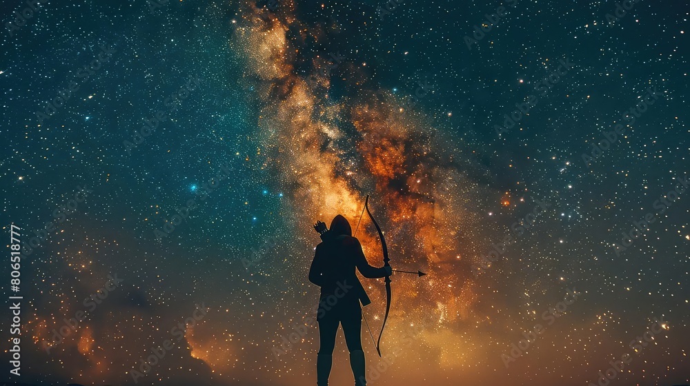 A lone archer stands on a rocky peak, drawing back their bow against a backdrop of swirling stardust and a vibrant nebula. The arrow is aimed at a single, bright star.