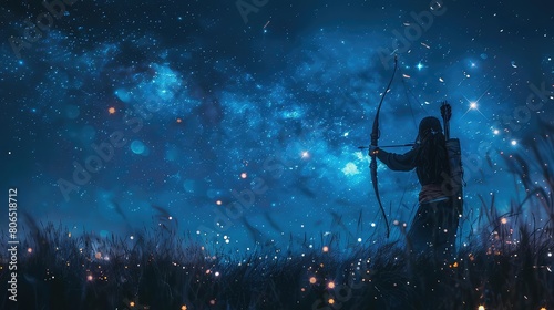A lone archer stands in a field of tall grass  aiming his arrow at the night sky