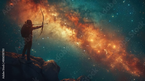 A lone archer stands on a rocky peak, drawing back their bow against a backdrop of swirling stardust and a vibrant nebula. The arrow is aimed at a single, bright star.