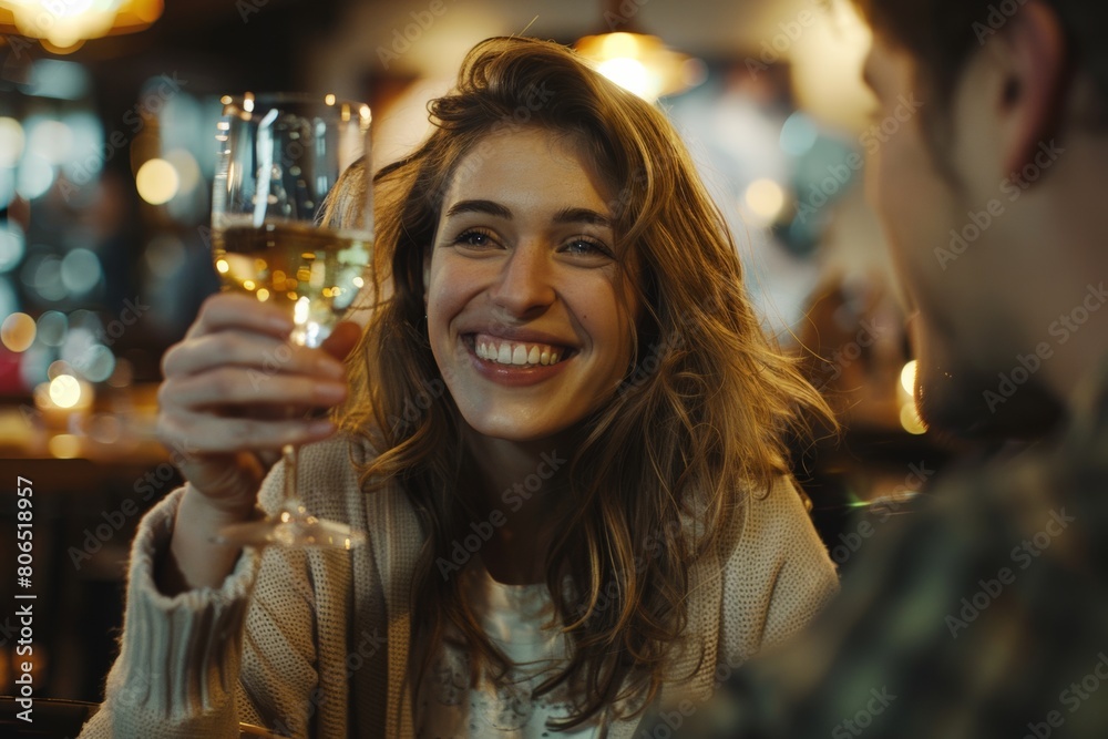 Woman smiling with happiness as she raises a toast to celebrate a milestone achievement with friends. Woman smiling with happiness as she raises a toast to celebrate a milestone achievement with friends.