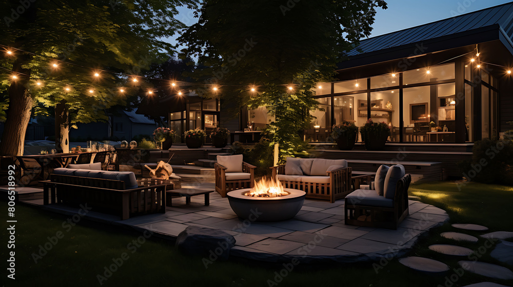 Manicured grassy backyard with fire pit and string lights,