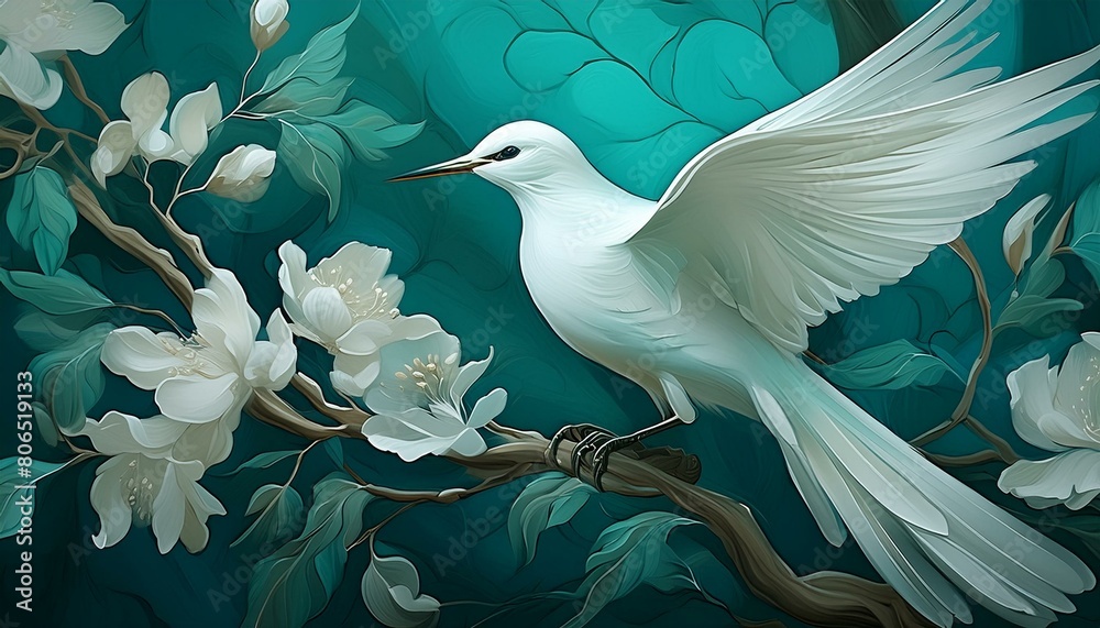 Obraz premium Beautiful white bird with teal background painted