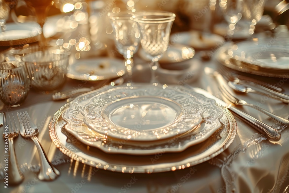 Pristine table setting with gleaming dinnerware and cutlery, set against the enchanting backdrop of a wedding celebration.