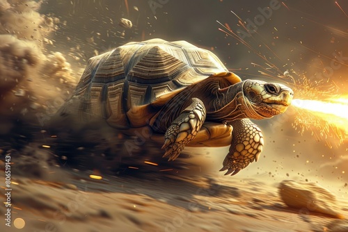 Ingenious tortoise moving fast aided by rocket propulsion vehicle. photo
