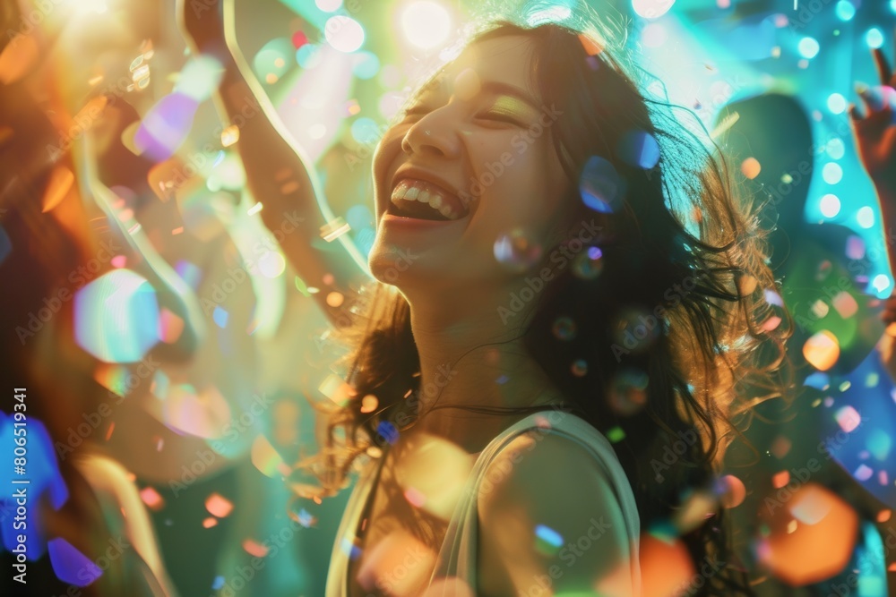 Joyful woman dancing with friends at a celebration party, radiating happiness and laughter.