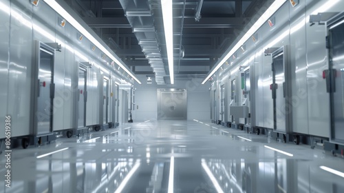 Interior of a modern meat freezing warehouse with state-of-the-art refrigeration systems, showcasing advancements in food preservation technology. photo