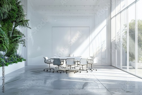 Stylish office meeting room interior with round table and chairs, invisible door