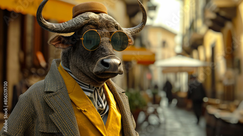 Chic buffalo roams city streets with regal flair, donned in tailored elegance that defines street style