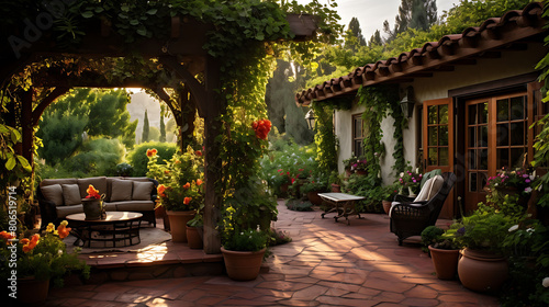 Mediterranean-style patio with terracotta tiles, a pergola, and an outdoor fireplace,