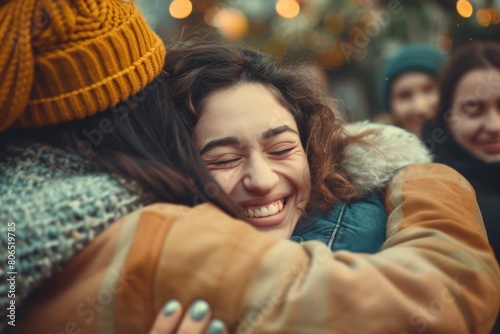 Happy woman hugging her friends tightly in a warm embrace at a heartwarming celebration event.