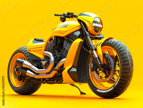 A yellow motorcycle on a bright yellow background.