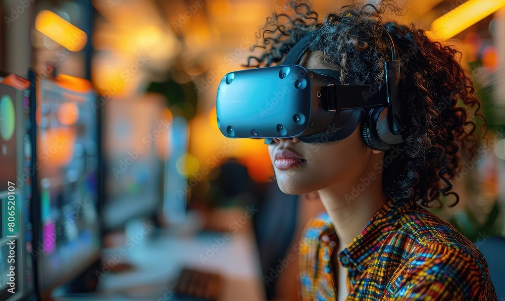 A young woman wearing a virtual reality headset is working on a project. A young woman wearing a virtual reality headset is working on a project.