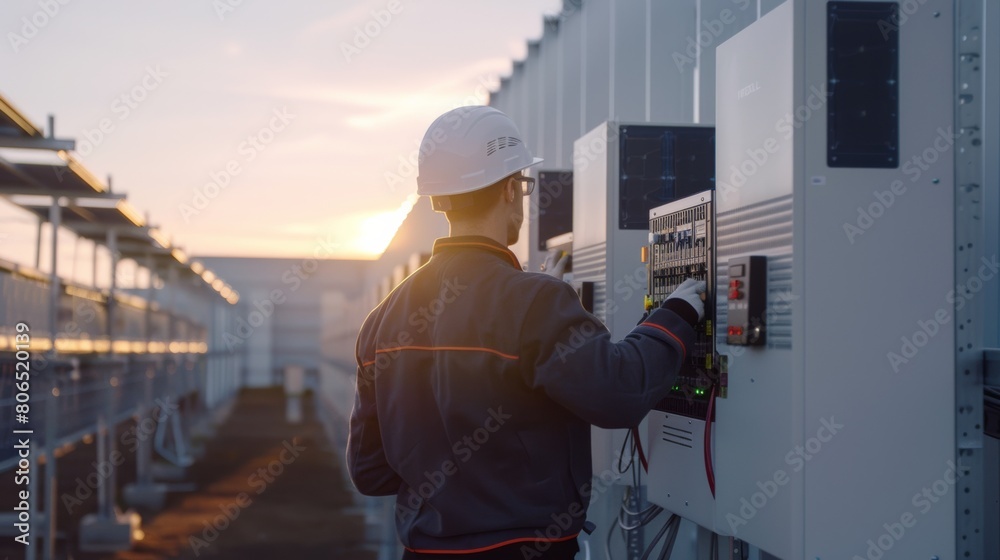 Engineer conducting maintenance checks on inverters and wiring connections in a large-scale solar installation. Engineer conducting maintenance checks on inverters and wiring connections in a large-scale solar installation.