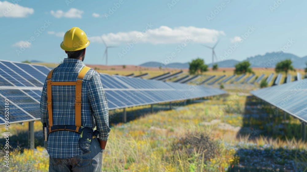 Electrical engineer supervising a team of technicians during solar panel installation, overseeing precise mounting and alignment. Electrical engineer supervising a team of technicians during solar panel installation, overseeing precise mounting and alignment.