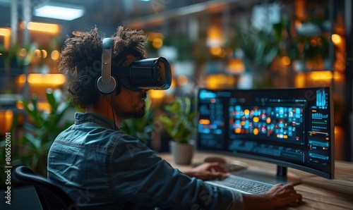 A young male software engineer wearing a virtual reality headset sits at his desk, working on a new project. He is surrounded by computer monitors and plants.