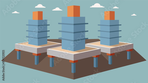 Foundation Footings Large concrete footings are poured to distribute the weight of the skyscr and provide additional support.. Vector illustration