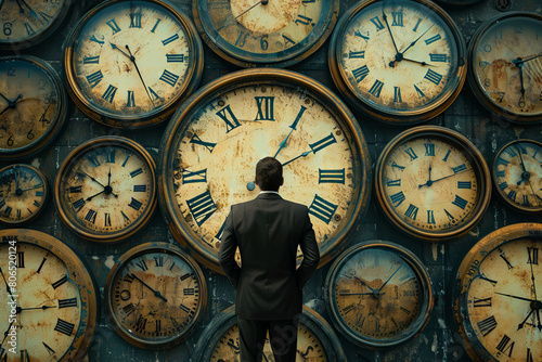 A man in a suit standing in front of a wall of clocks.
