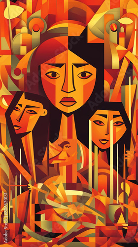 Portrait in ocher and brown tones of an Indian-American people in a geometric minimalist style.