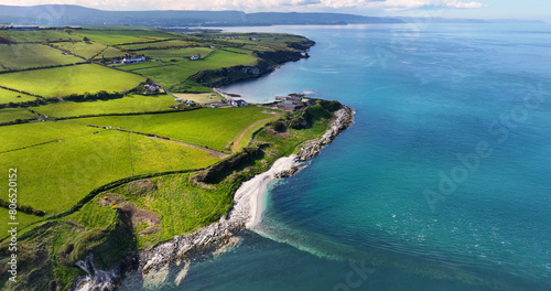 Aerial view of the beautiful and spectacular coastline of the Glens of Antrim Northern Ireland photo