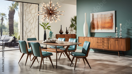 Mid-century modern dining room with a starburst chandelier and teak furniture 