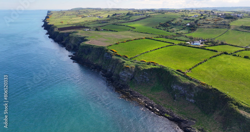 Aerial view of the beautiful and spectacular coastline of the Glens of Antrim Northern Ireland photo