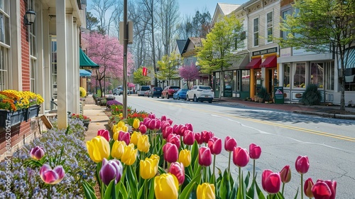Fototapeta Naklejka Na Ścianę i Meble -  Beautiful streets in old American small town on sunny spring day. Landscaping design with colorful tulips in small city. The day before Easter in Hendersonville, North Carolina