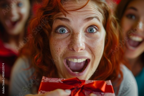 Close-up of a woman's ecstatic expression as she receives a surprise gift at a celebratory occasion. photo