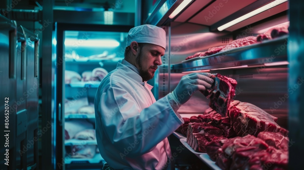 Butcher arranging trays of fresh meat cuts on racks inside a walk-in freezer, maintaining quality and hygiene standards. Butcher arranging trays of fresh meat cuts on racks inside a walk-in freezer, maintaining quality and hygiene standards.