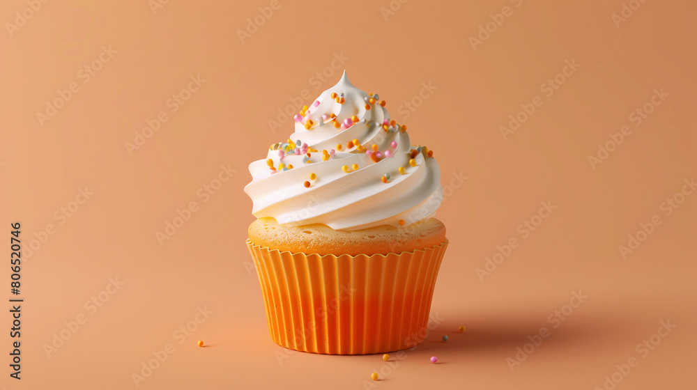 This 3D render features a delectable cupcake, meticulously crafted with intricate details and vibrant colors, isolated against a bold orange background. The cupcake is delicately frosted with swirls This 3D render features a delectable cupcake, meticulously crafted with intricate details and vibrant colors, isolated against a bold orange background. The cupcake is delicately frosted with swirls