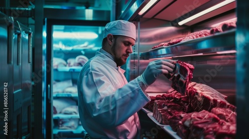Butcher arranging trays of fresh meat cuts on racks inside a walk-in freezer, maintaining quality and hygiene standards. photo