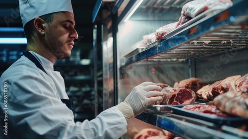 Butcher arranging trays of fresh meat cuts on racks inside a walk-in freezer, maintaining quality and hygiene standards.