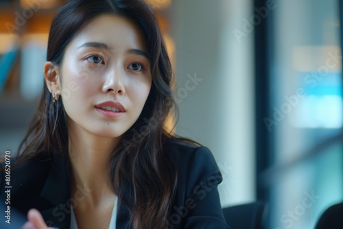 Asian businesswoman confidently discussing financial reports with clients in a corporate office boardroom.