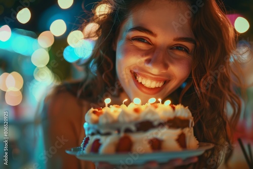 Close-up of a woman's cheerful expression as she enjoys delicious cake at a fun-filled celebration party.