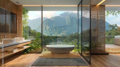 Luxury bathroom interior with nature mountain view