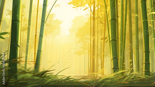 Bamboo forest in a foggy morning. Panoramic image