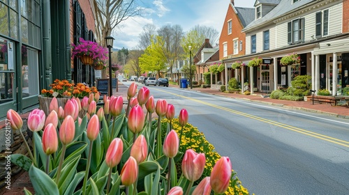 Fototapeta Naklejka Na Ścianę i Meble -  Beautiful streets in old American small town on sunny spring day. Landscaping design with colorful tulips in small city. The day before Easter in Hendersonville, North Carolina