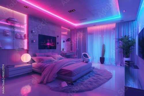Teens room at night, futuristic design with neon light. Modern home interior in blue and purple colors. Concept of bedroom, cozy contemporary apartment, teenager