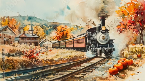 Gentle watercolor of a vintage train passing by a small village with fall decorations, pumpkins and haystacks lining the tracks photo
